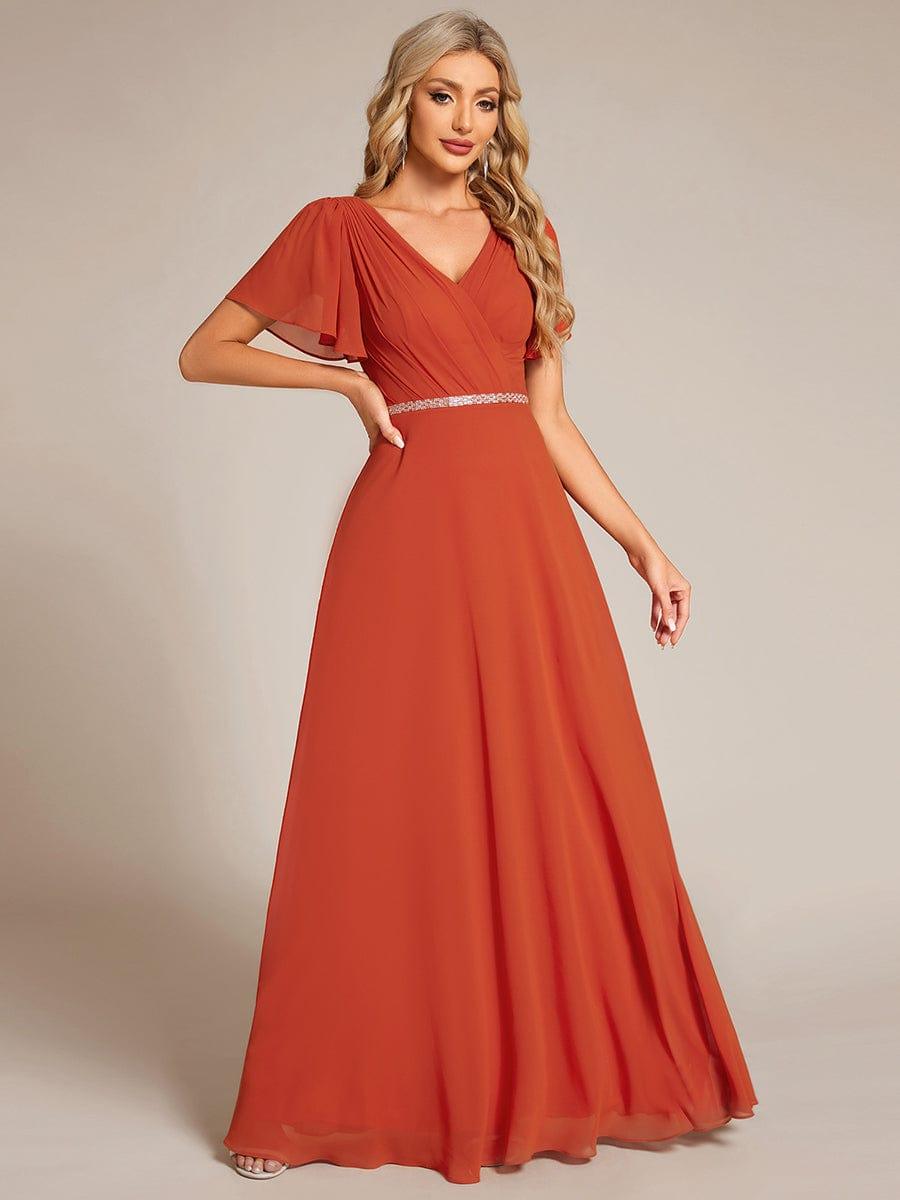 V-Neck Pleated A-Line Chiffon Evening Dress with Short Sleeves