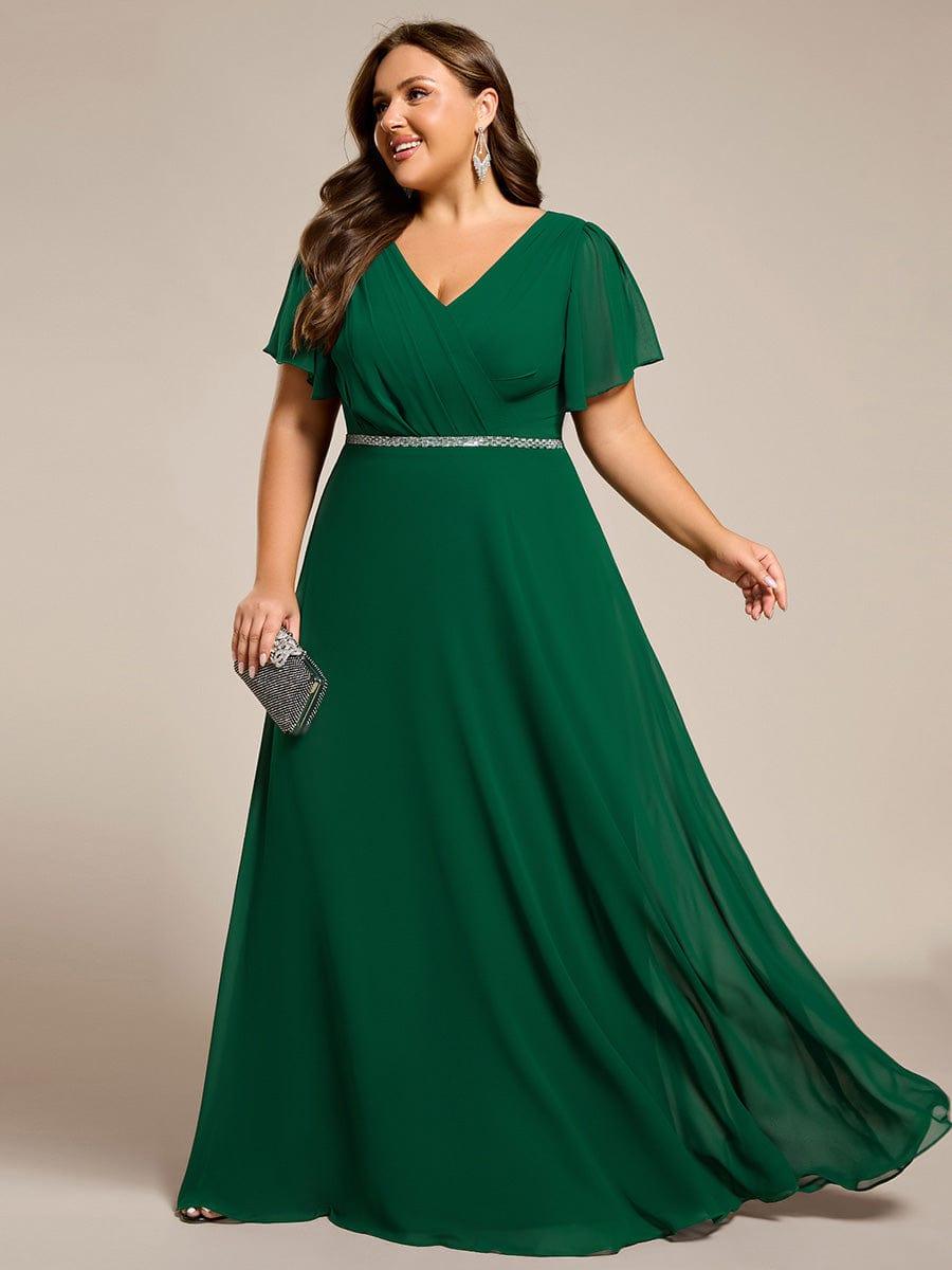 V-Neck Pleated A-Line Chiffon Evening Dress with Short Sleeves