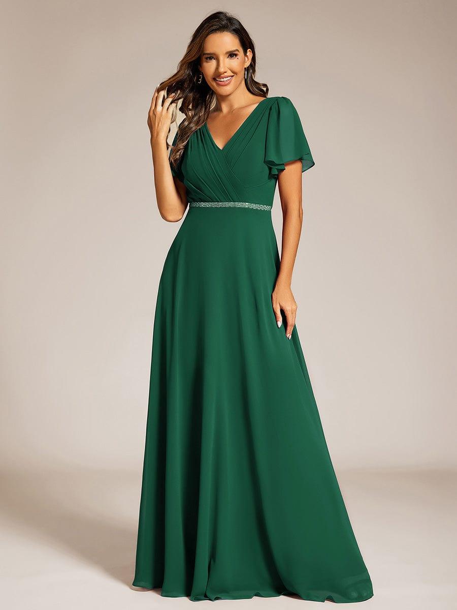 V-Neck Pleated A-Line Chiffon Evening Dress with Short Sleeves