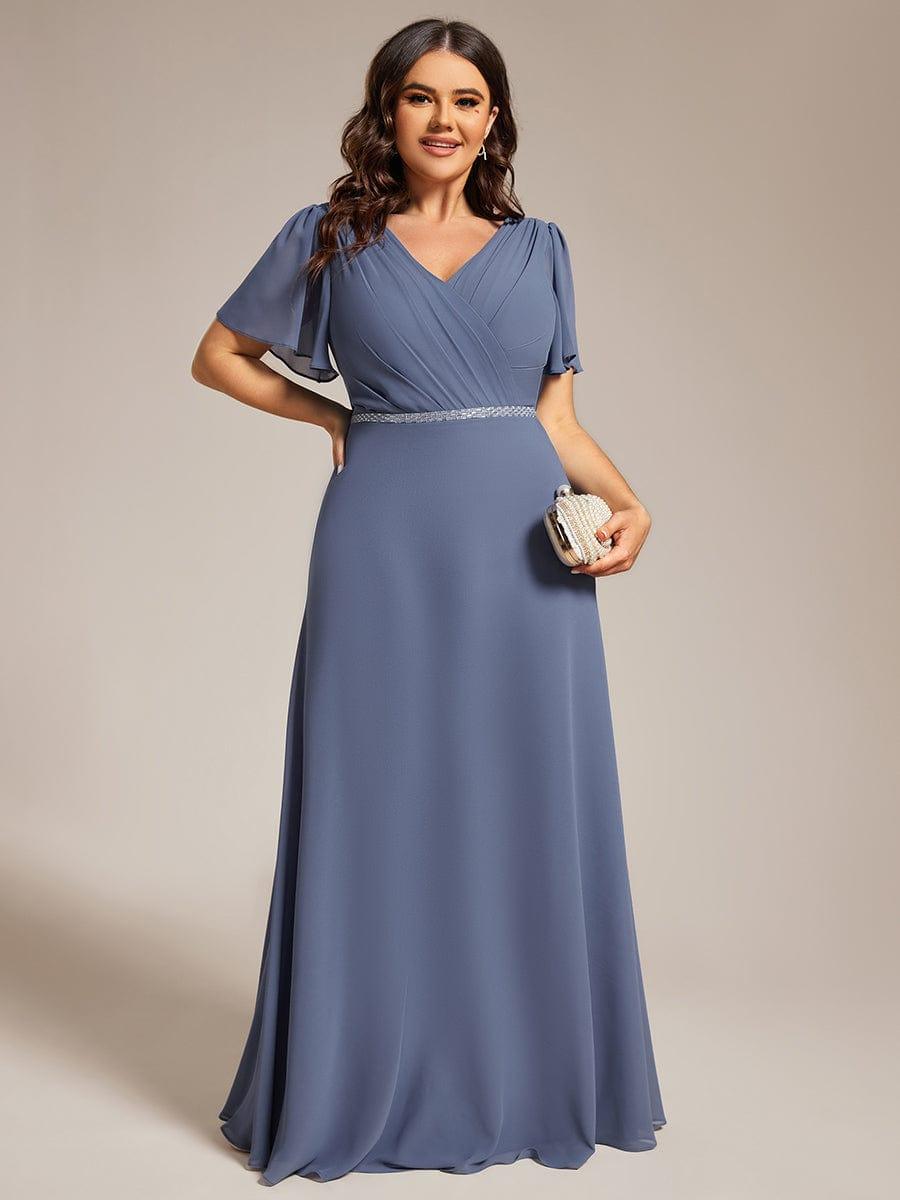 V-Neck Pleated A-Line Chiffon Evening Dress with Short Sleeves