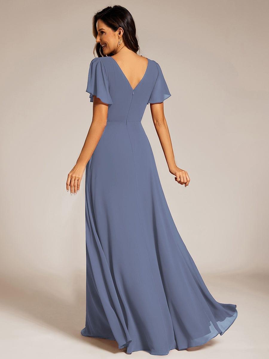 V-Neck Pleated A-Line Chiffon Evening Dress with Short Sleeves