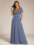 V-Neck Pleated A-Line Chiffon Evening Dress with Short Sleeves
