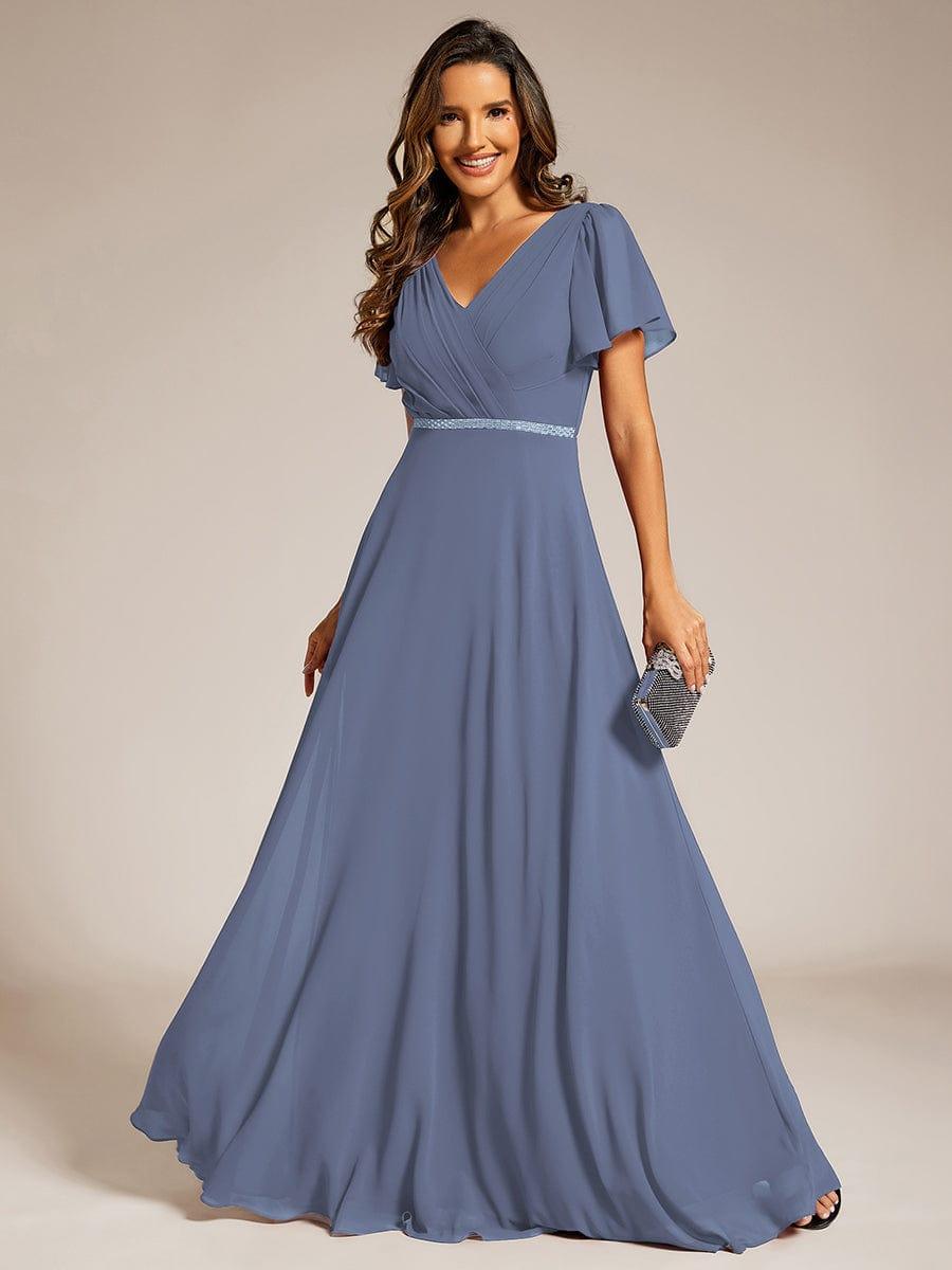 V-Neck Pleated A-Line Chiffon Evening Dress with Short Sleeves