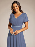 V-Neck Pleated A-Line Chiffon Evening Dress with Short Sleeves