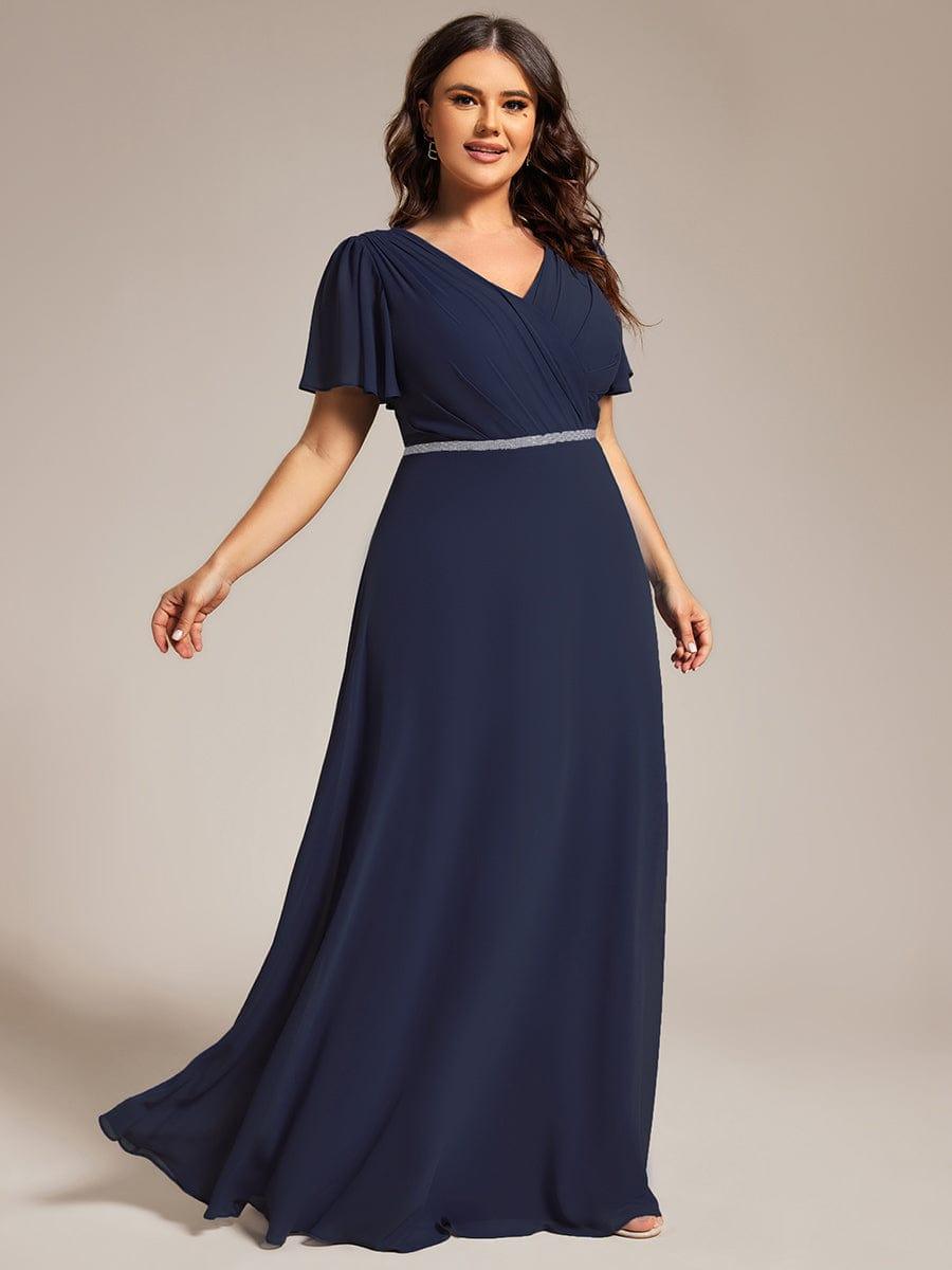 V-Neck Pleated A-Line Chiffon Evening Dress with Short Sleeves