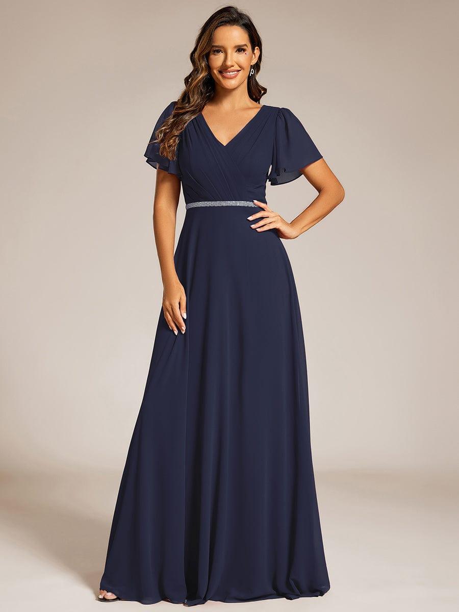 V-Neck Pleated A-Line Chiffon Evening Dress with Short Sleeves