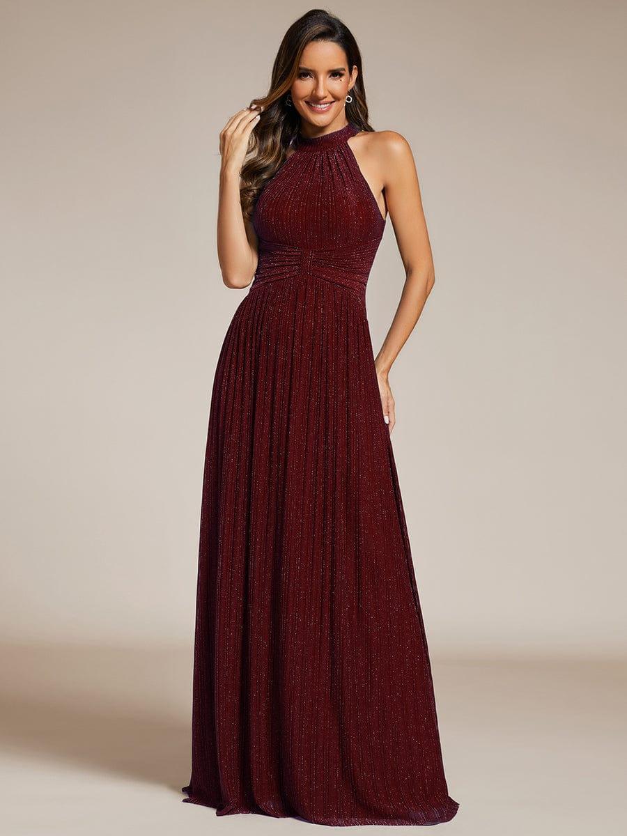 Sparkly Halter Pleated A-Line Formal Evening Dress