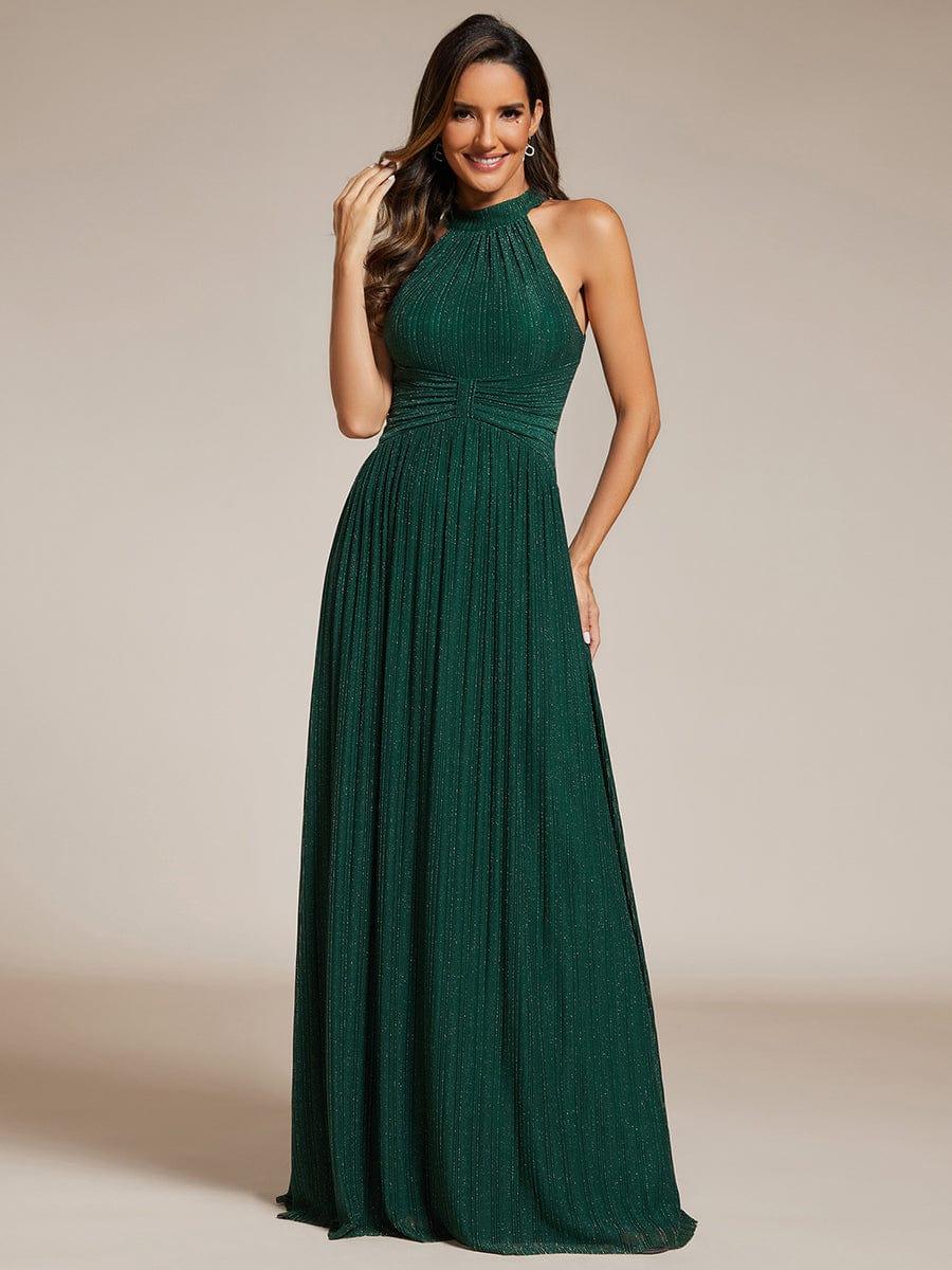Sparkly Halter Pleated A-Line Formal Evening Dress