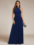 Sparkly Halter Pleated A-Line Formal Evening Dress