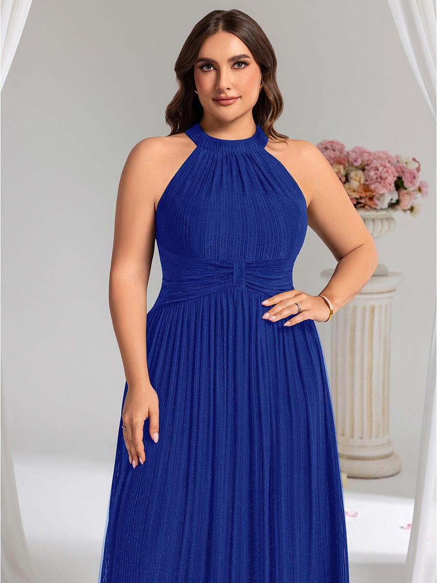 Sparkly Halter Pleated A-Line Formal Evening Dress