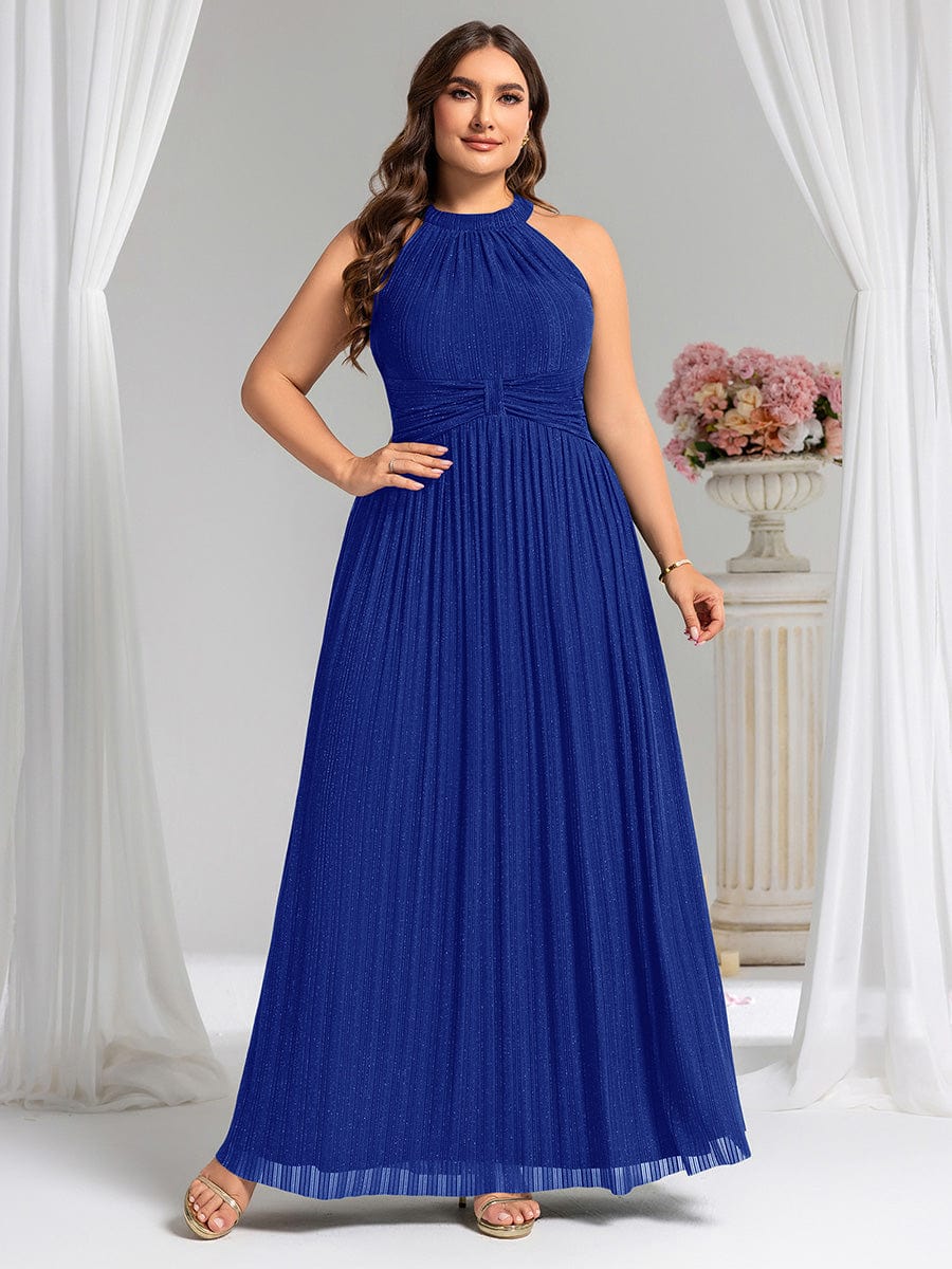 Sparkly Halter Pleated A-Line Formal Evening Dress