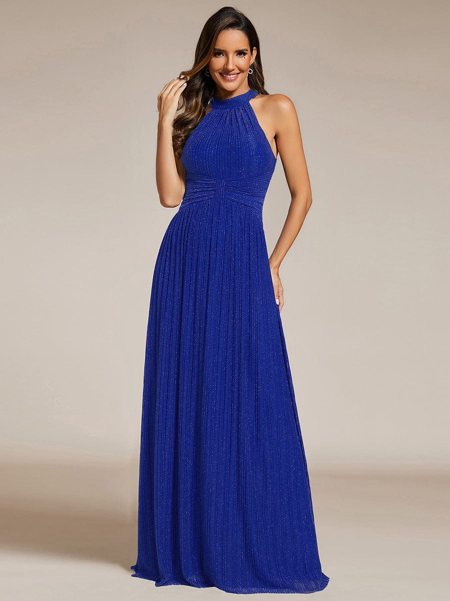 Sparkly Halter Pleated A-Line Formal Evening Dress