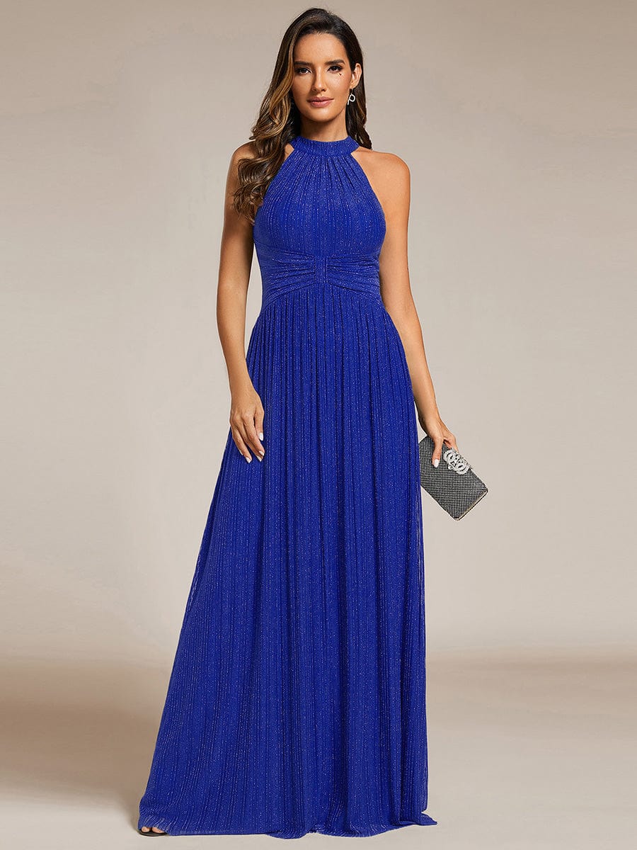 Sparkly Halter Pleated A-Line Formal Evening Dress