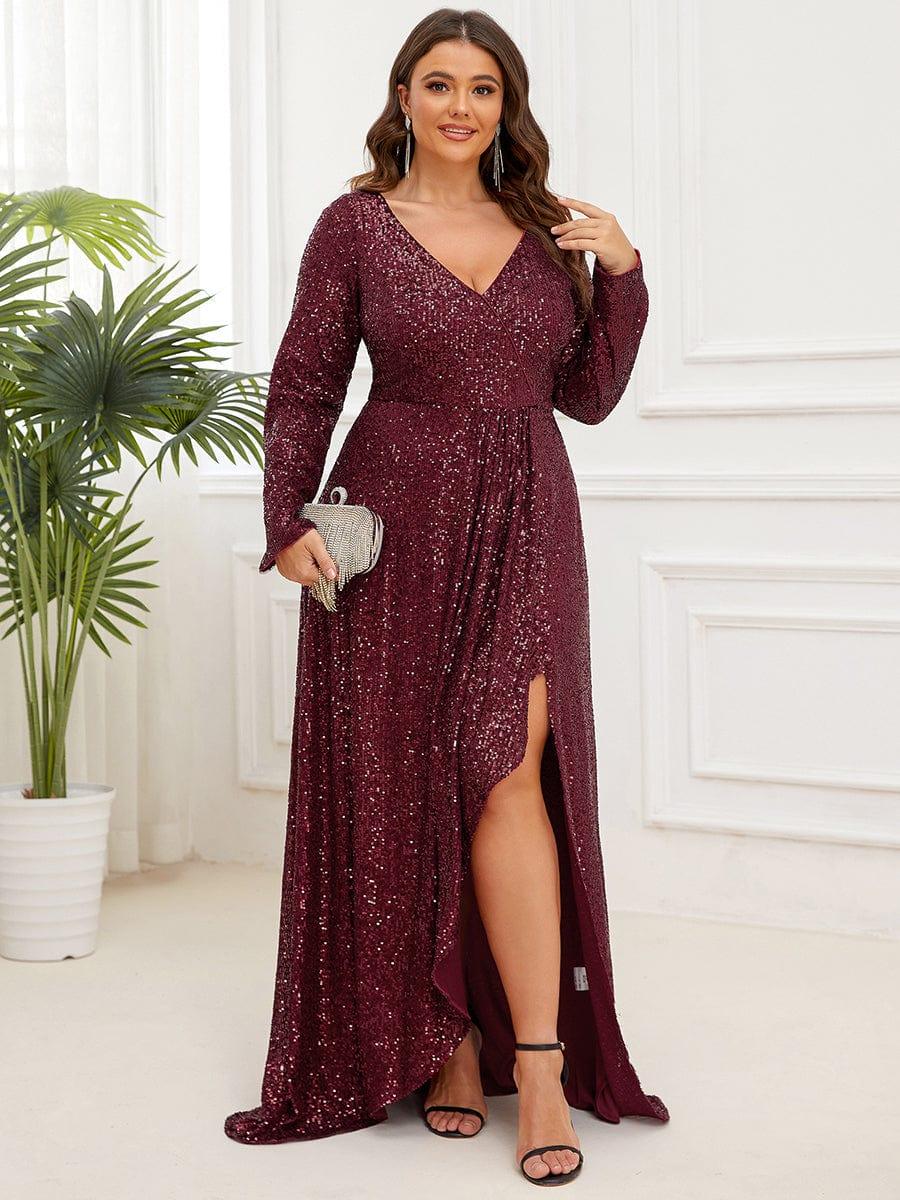 Plus Size V-neck Sequin Slit Evening Dress with Ruffle Hem