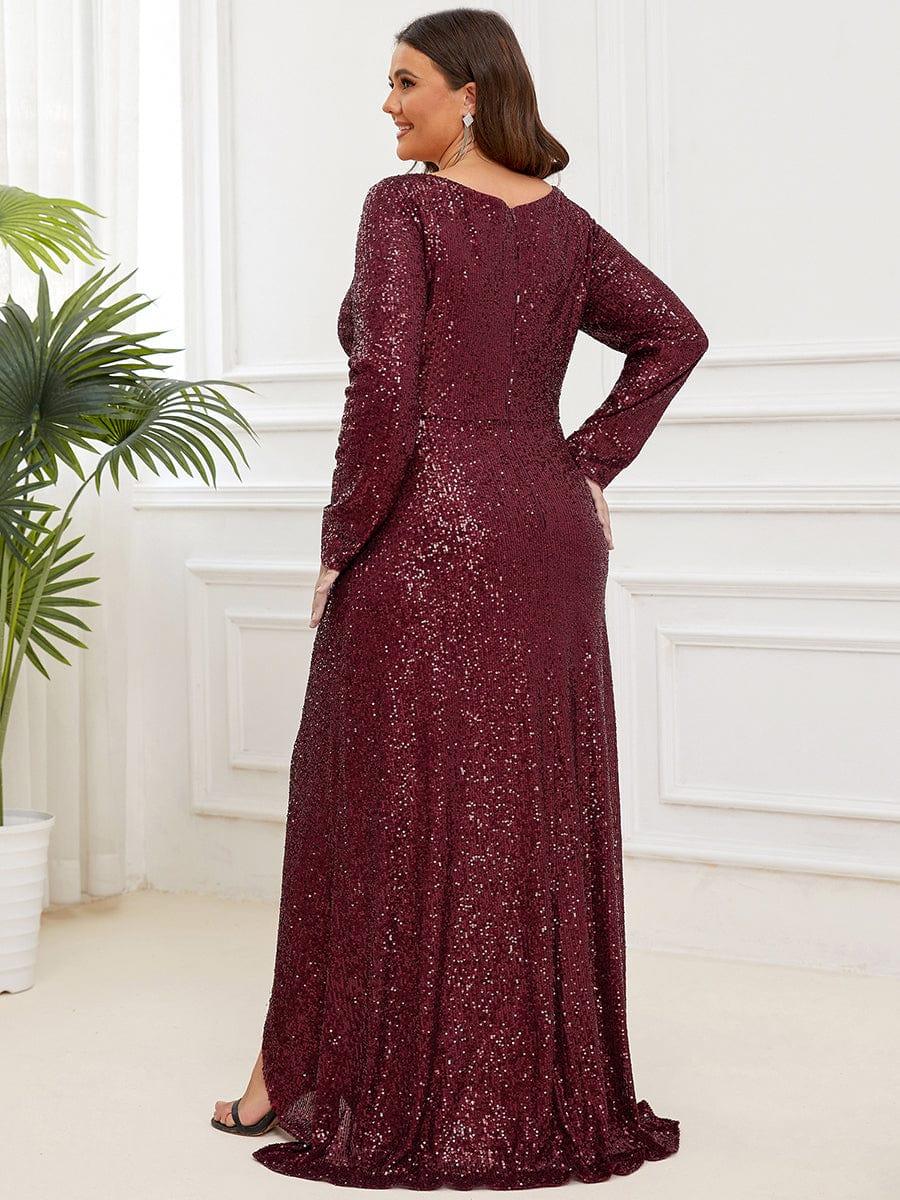 Plus Size V-neck Sequin Slit Evening Dress with Ruffle Hem