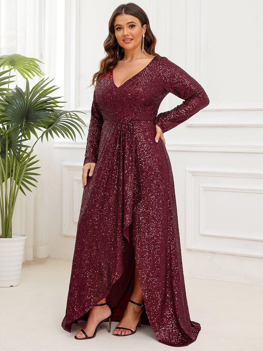 Plus Size V-neck Sequin Slit Evening Dress with Ruffle Hem