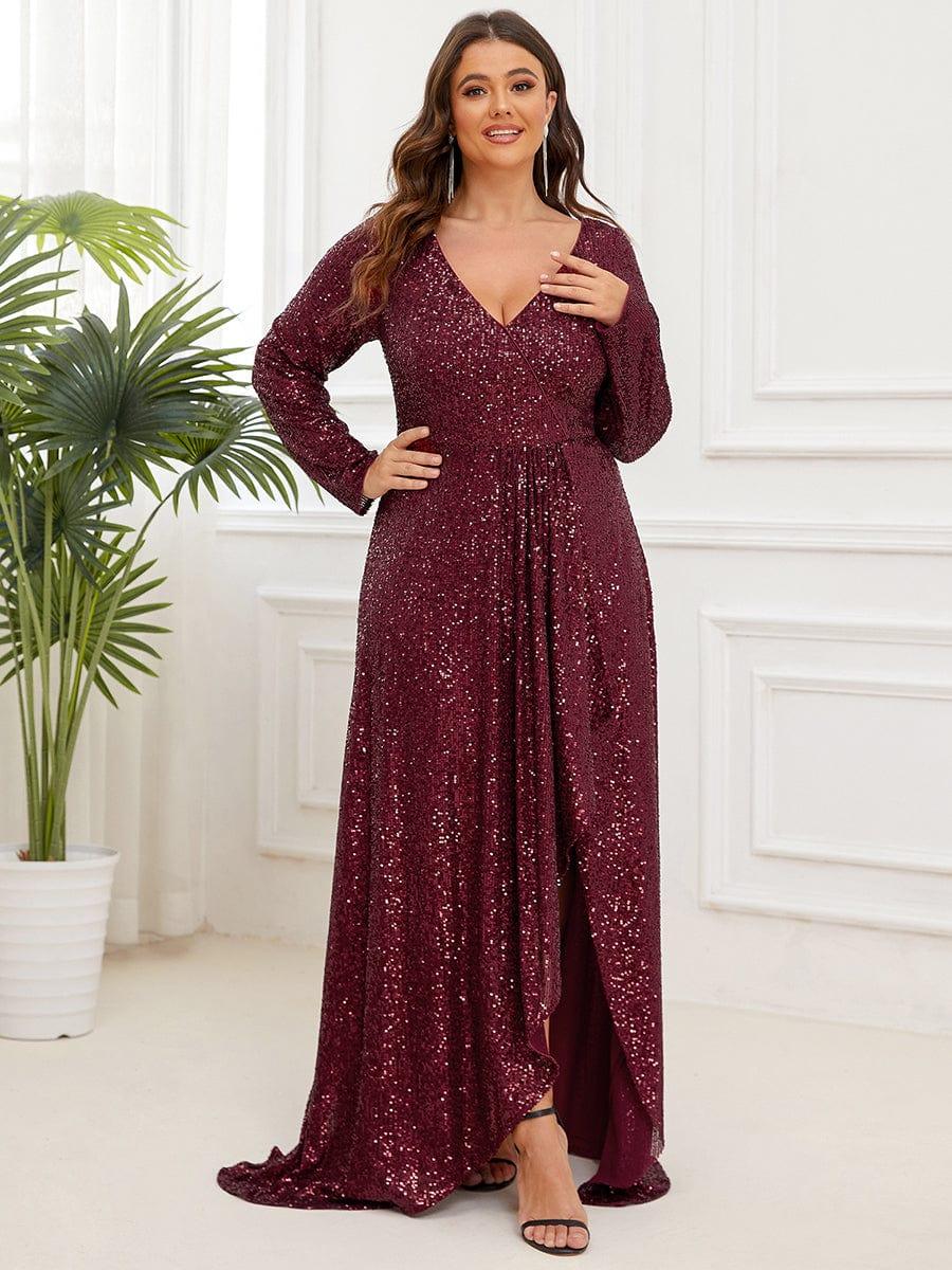 Plus Size V-neck Sequin Slit Evening Dress with Ruffle Hem