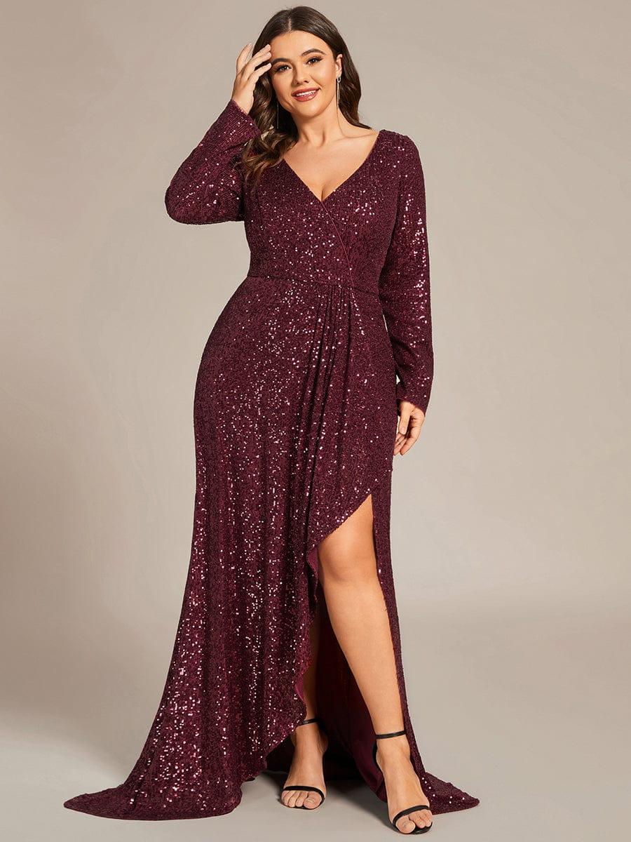 V-neck Sequin Slit Evening Dress with Ruffle Hem