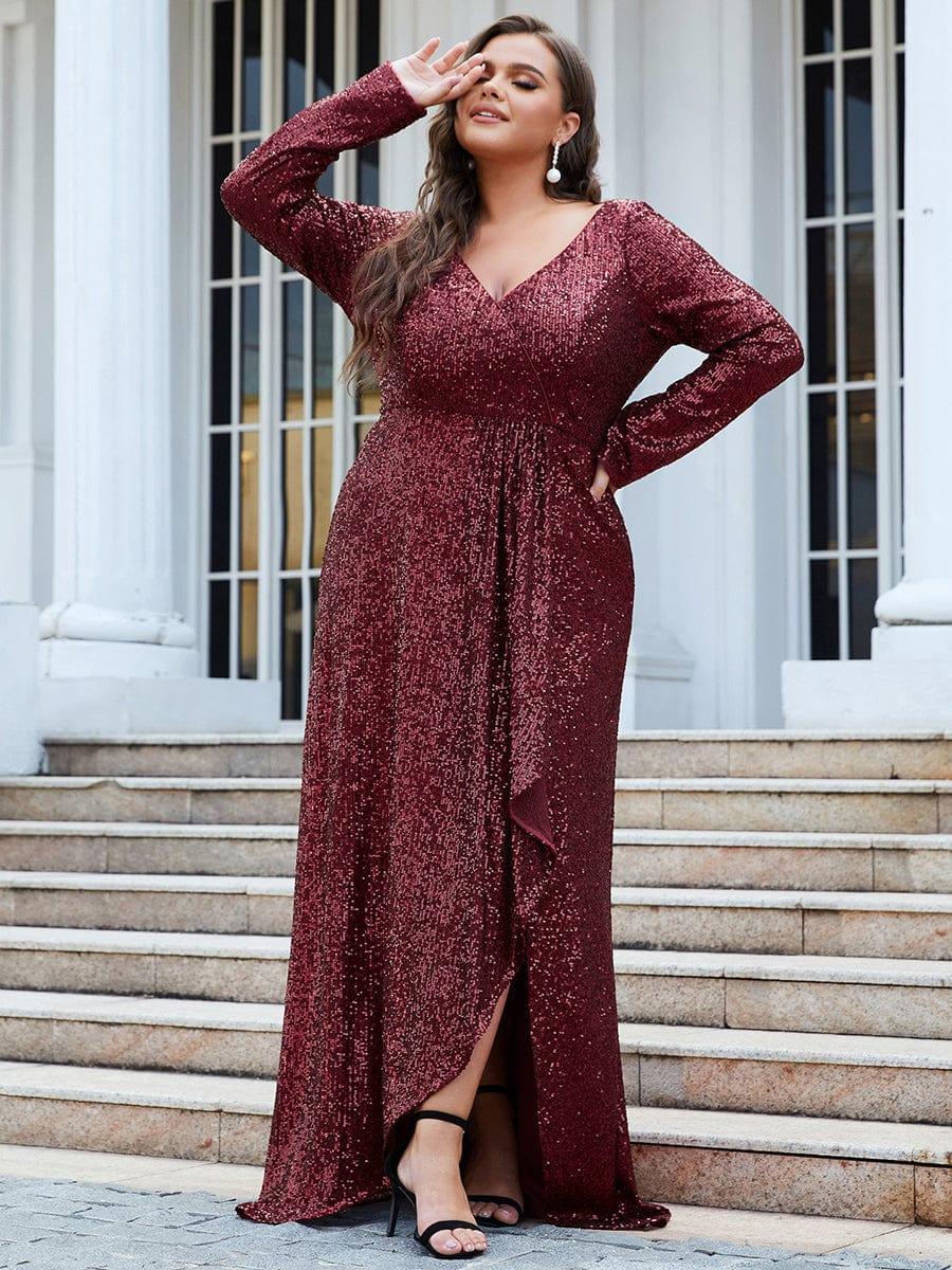 Plus Size V-neck Sequin Slit Evening Dress with Ruffle Hem