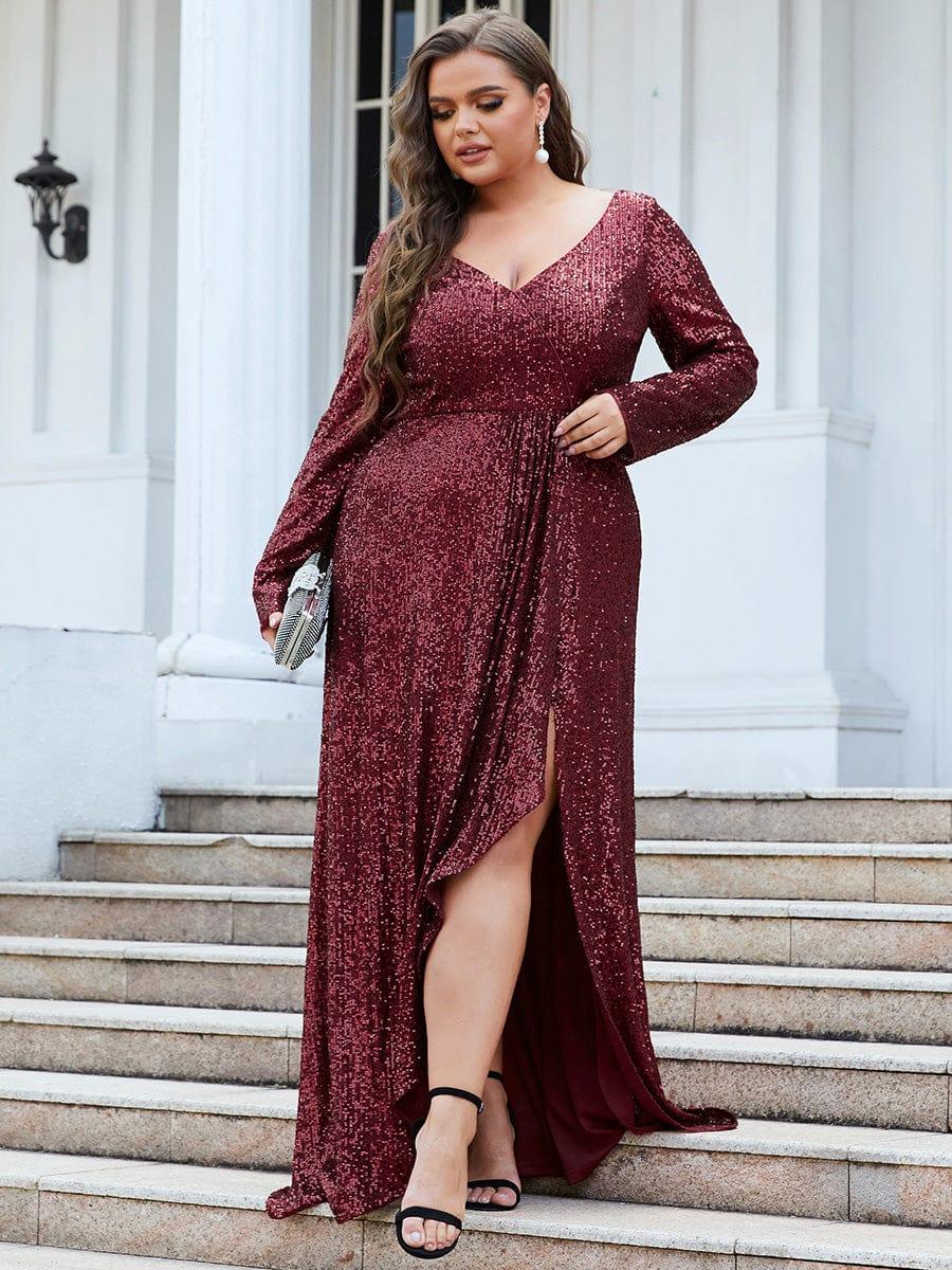 Plus Size V-neck Sequin Slit Evening Dress with Ruffle Hem