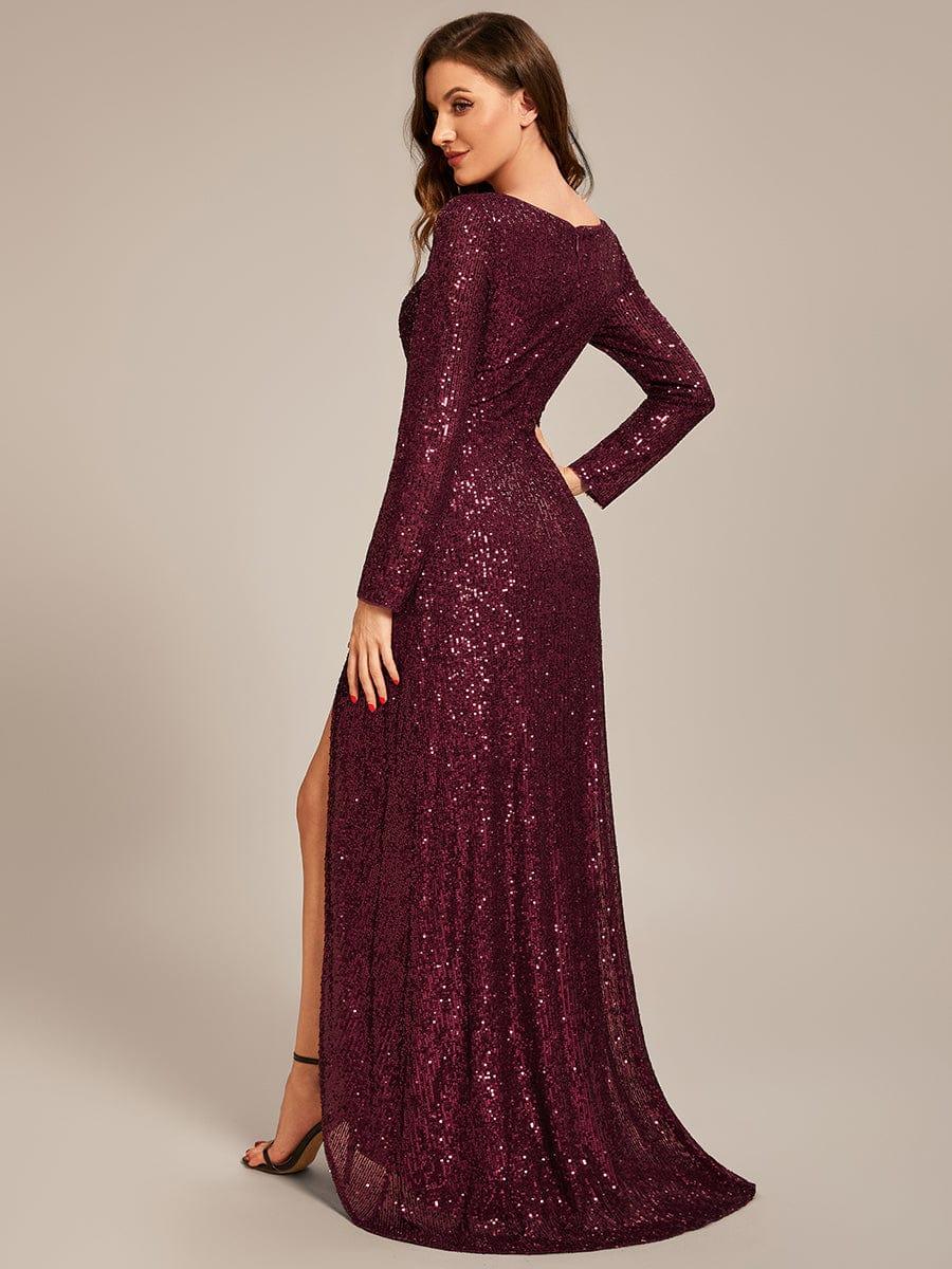 V-neck Sequin Slit Evening Dress with Ruffle Hem