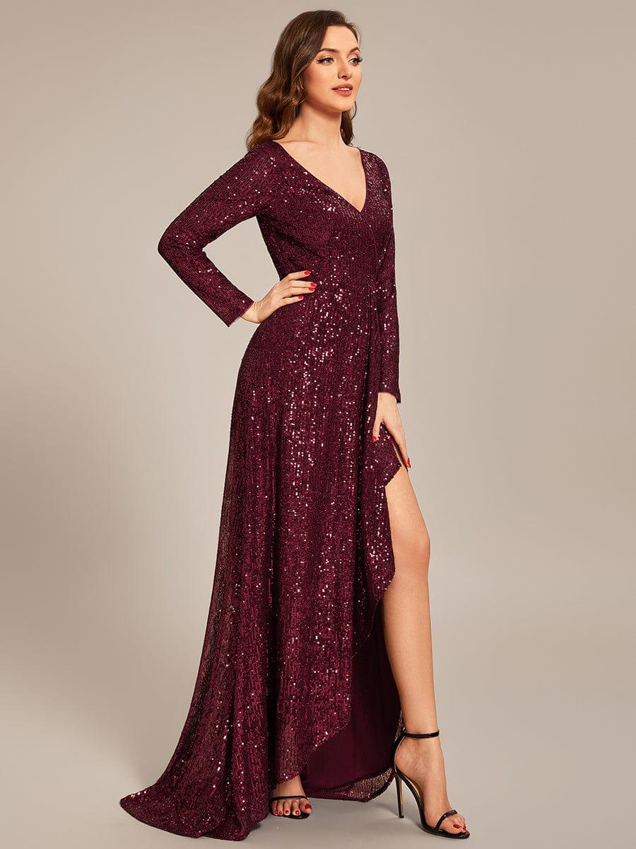 V-neck Sequin Slit Evening Dress with Ruffle Hem