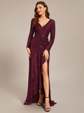 V-neck Sequin Slit Evening Dress with Ruffle Hem