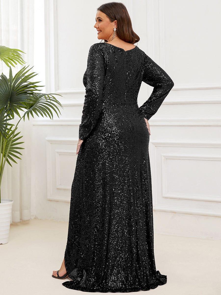 Plus Size V-neck Sequin Slit Evening Dress with Ruffle Hem