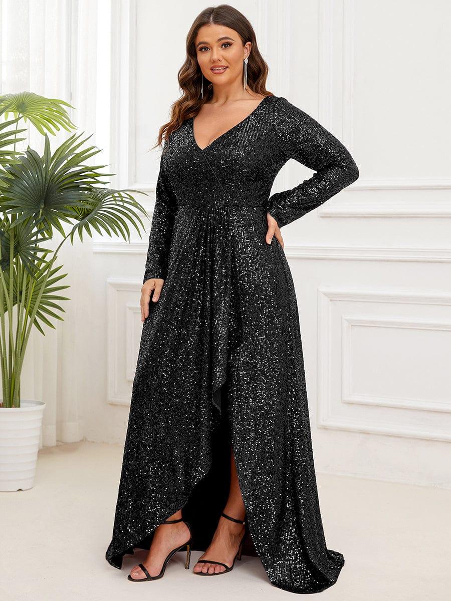 Plus Size V-neck Sequin Slit Evening Dress with Ruffle Hem