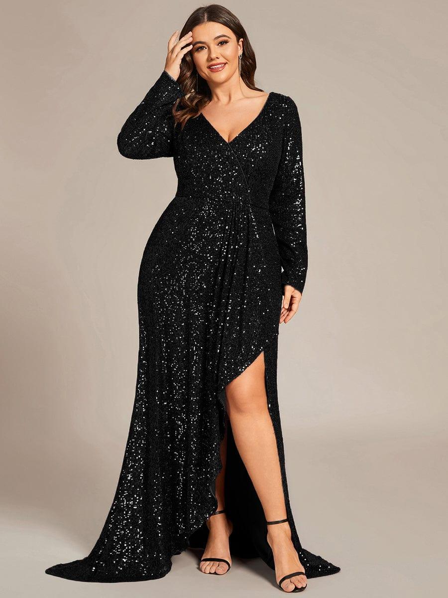V-neck Sequin Slit Evening Dress with Ruffle Hem