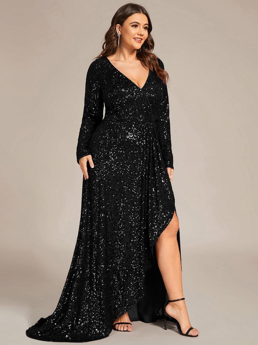 V-neck Sequin Slit Evening Dress with Ruffle Hem