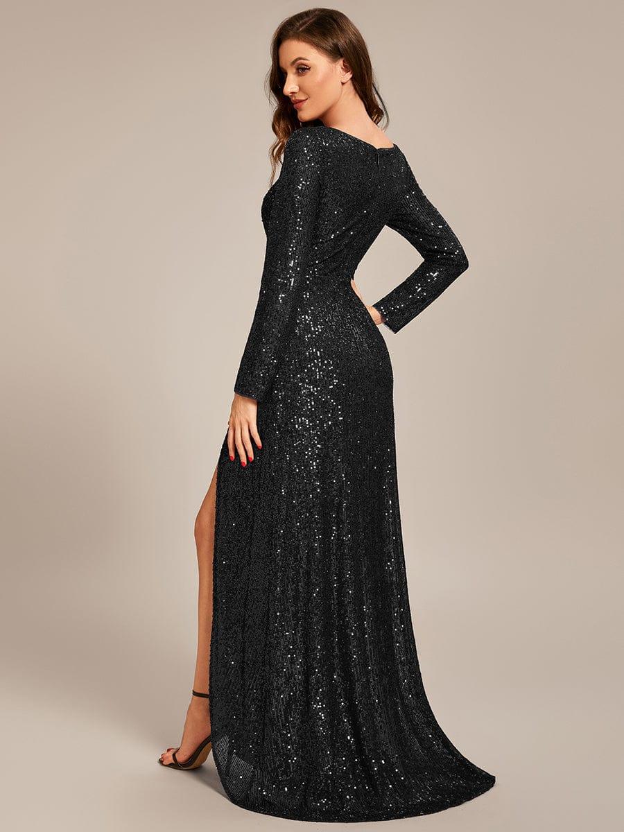 V-neck Sequin Slit Evening Dress with Ruffle Hem