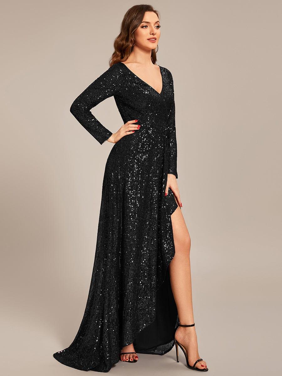 V-neck Sequin Slit Evening Dress with Ruffle Hem