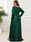 Plus Size V-neck Sequin Slit Evening Dress with Ruffle Hem
