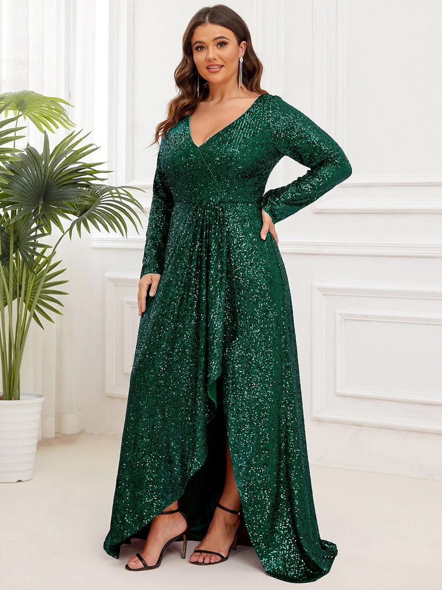 Plus Size V-neck Sequin Slit Evening Dress with Ruffle Hem