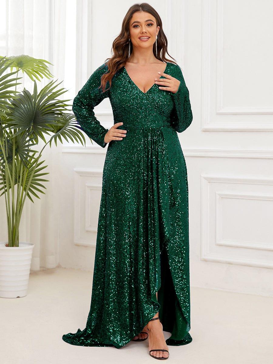Plus Size V-neck Sequin Slit Evening Dress with Ruffle Hem