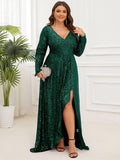 Plus Size V-neck Sequin Slit Evening Dress with Ruffle Hem