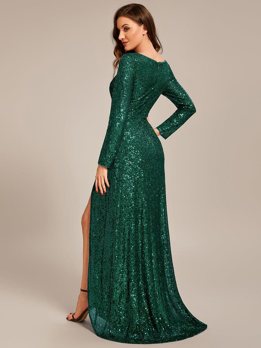 V-neck Sequin Slit Evening Dress with Ruffle Hem
