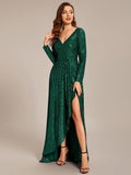V-neck Sequin Slit Evening Dress with Ruffle Hem