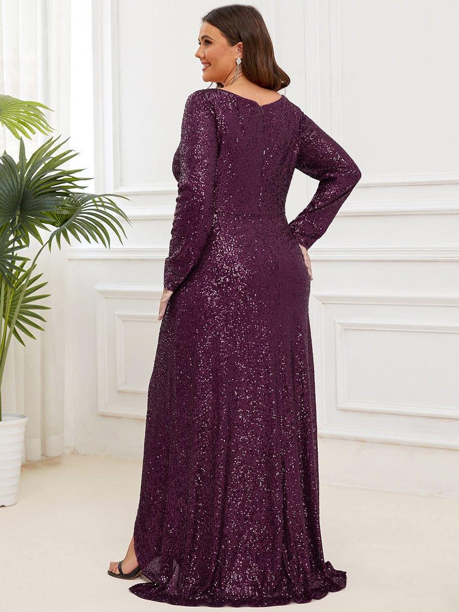 Plus Size V-neck Sequin Slit Evening Dress with Ruffle Hem