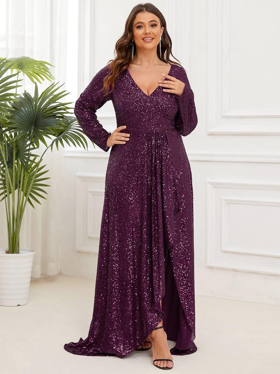 Plus Size V-neck Sequin Slit Evening Dress with Ruffle Hem