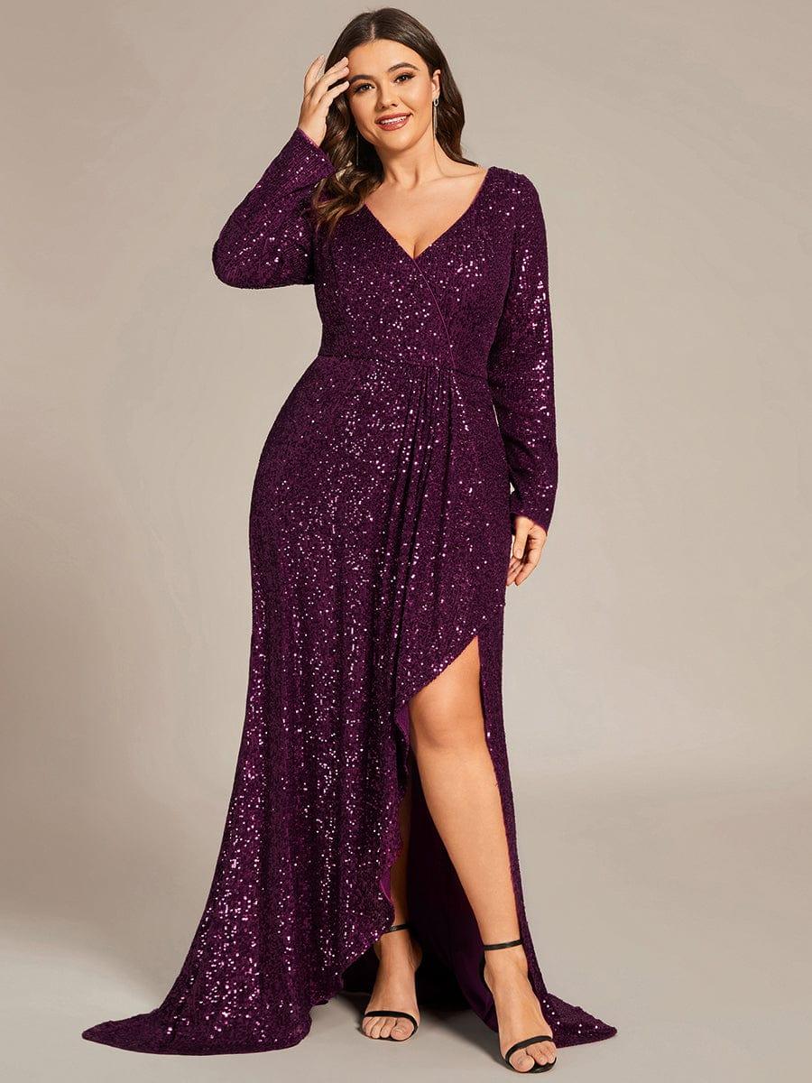 Plus Size V-neck Sequin Slit Evening Dress with Ruffle Hem