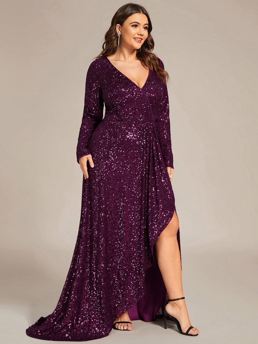 V-neck Sequin Slit Evening Dress with Ruffle Hem