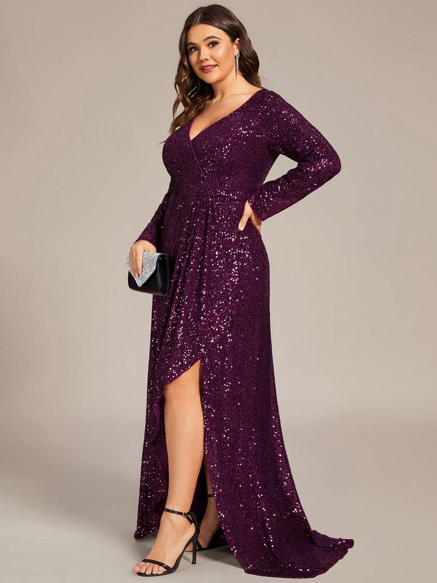 Plus Size V-neck Sequin Slit Evening Dress with Ruffle Hem