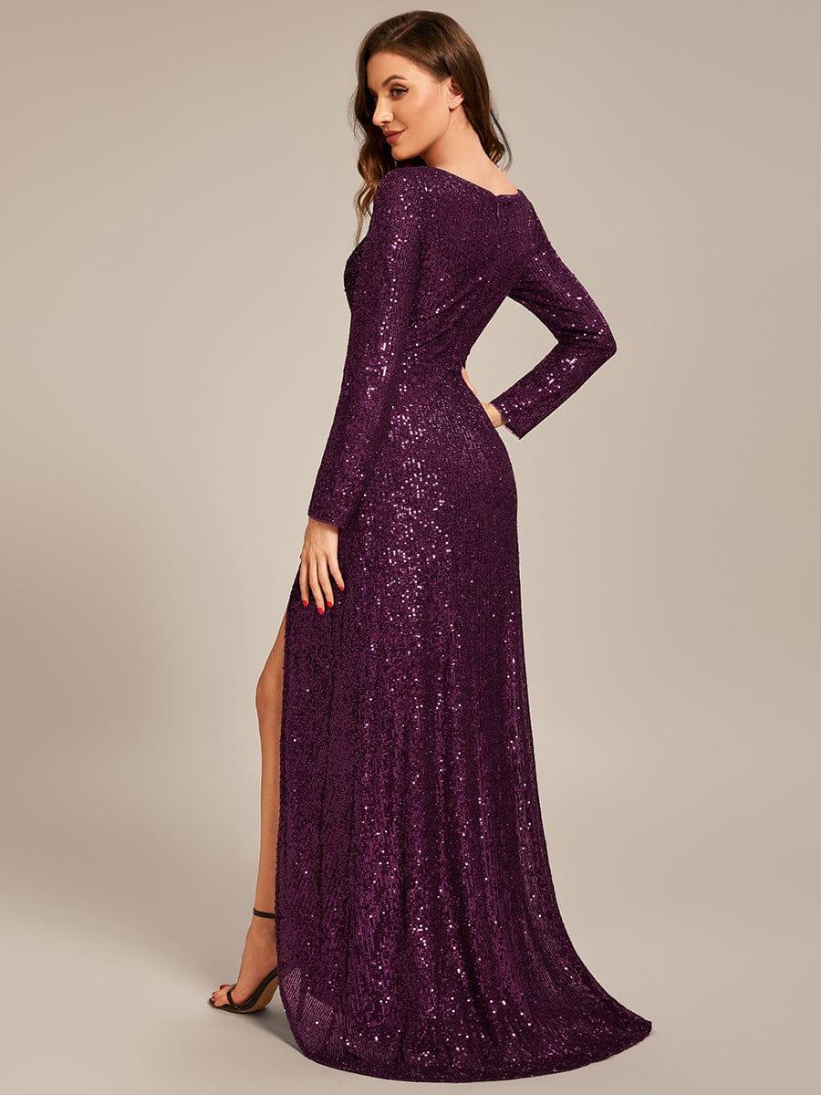 V-neck Sequin Slit Evening Dress with Ruffle Hem