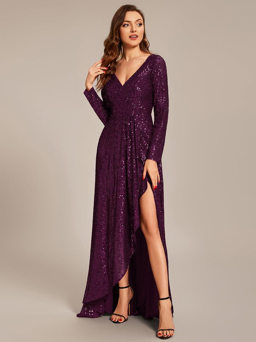 V-neck Sequin Slit Evening Dress with Ruffle Hem
