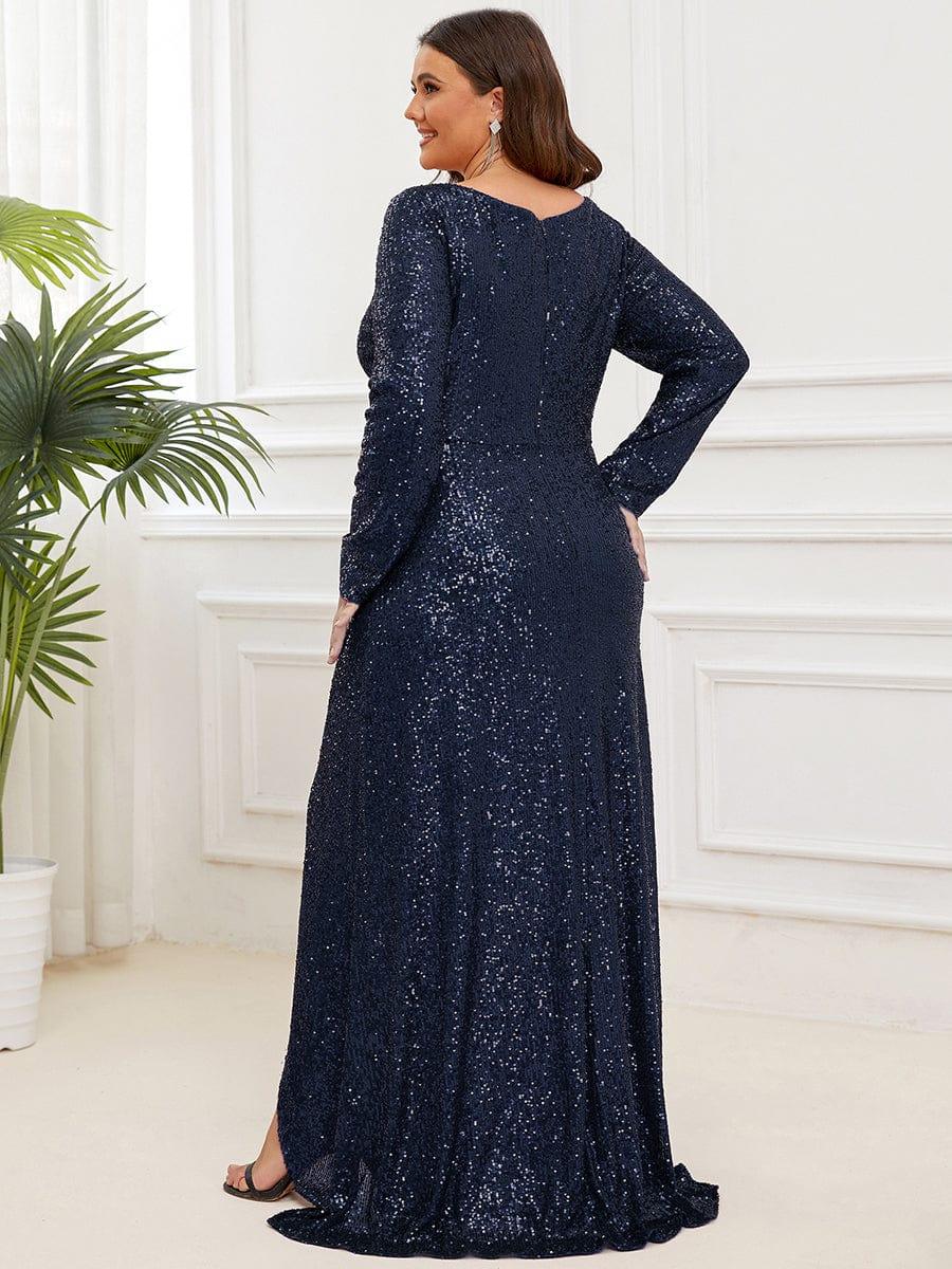 Plus Size V-neck Sequin Slit Evening Dress with Ruffle Hem