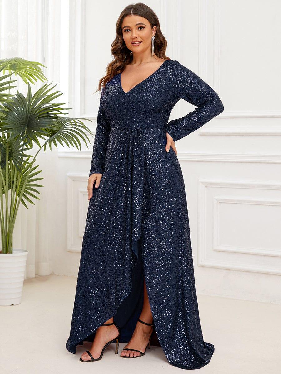 Plus Size V-neck Sequin Slit Evening Dress with Ruffle Hem