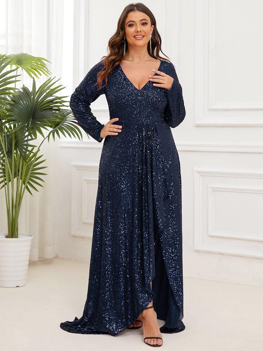 Plus Size V-neck Sequin Slit Evening Dress with Ruffle Hem