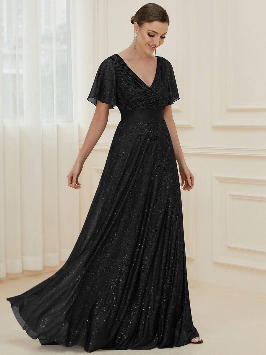 Elegant V-Neck Pleated A-Line Bridesmaid Dress with Short Sleeves